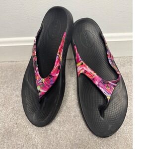 Oofos OOlala Neon Rose Recovery Sandals Women's 10 Watercolor Flip Flops